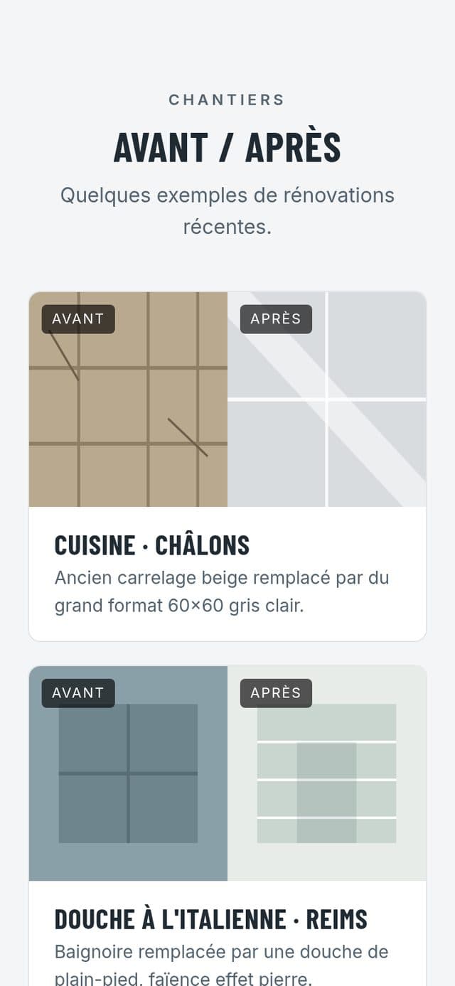 Section avant/après des chantiers d'un carreleur