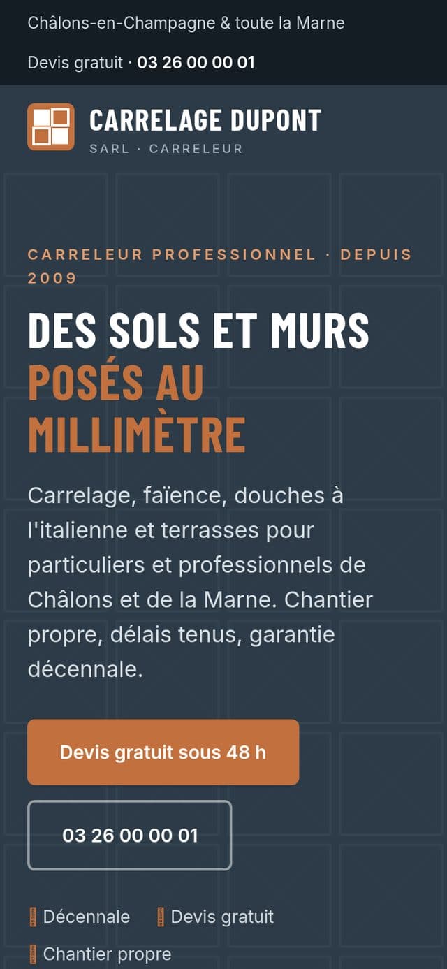 Page d'accueil du site d'un carreleur avec formulaire de devis